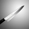 藤次郎 BASIC 牛刀 200mmの刃先。  職人の手作業による刃付けが鋭い切れ味を生む。鋼材はVG10（V金10号）。